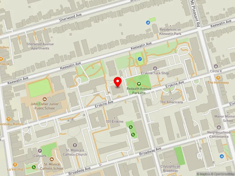 RentSafeTO apartment evaluation map view of 110 ERSKINE AVE in Don Valley West, Toronto