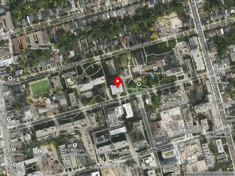 RentSafeTO apartment evaluation satellite view of 110 ERSKINE AVE in Don Valley West, Toronto