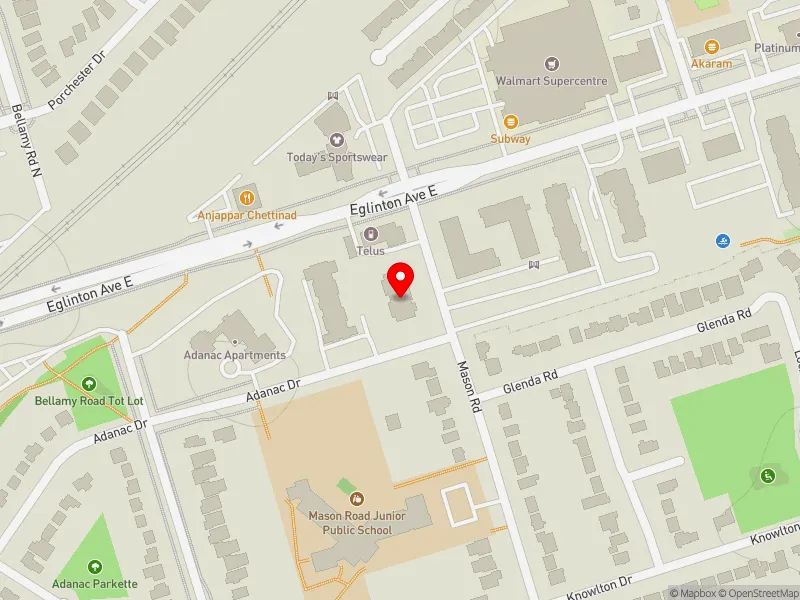 RentSafeTO apartment evaluation map view of 110 MASON RD in Scarborough Southwest, Toronto