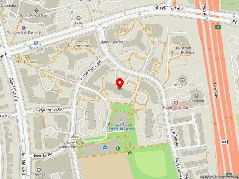 RentSafeTO apartment evaluation map view of 110 PARKWAY FOREST DR in Don Valley North, Toronto