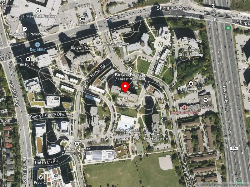 RentSafeTO apartment evaluation satellite view of 110 PARKWAY FOREST DR in Don Valley North, Toronto