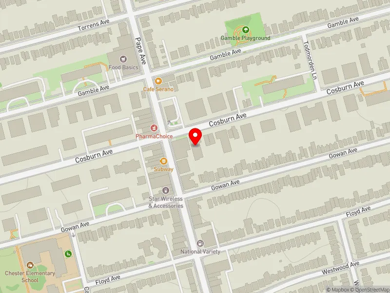 RentSafeTO apartment evaluation map view of 111 COSBURN AVE in Toronto-Danforth, Toronto
