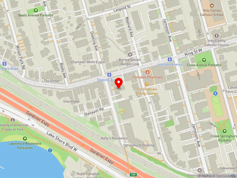 RentSafeTO apartment evaluation map view of 115 DOWLING AVE in Parkdale-High Park, Toronto