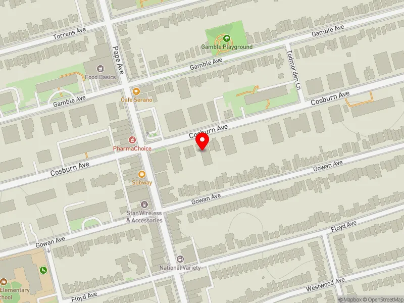 RentSafeTO apartment evaluation map view of 117 COSBURN AVE in Toronto-Danforth, Toronto