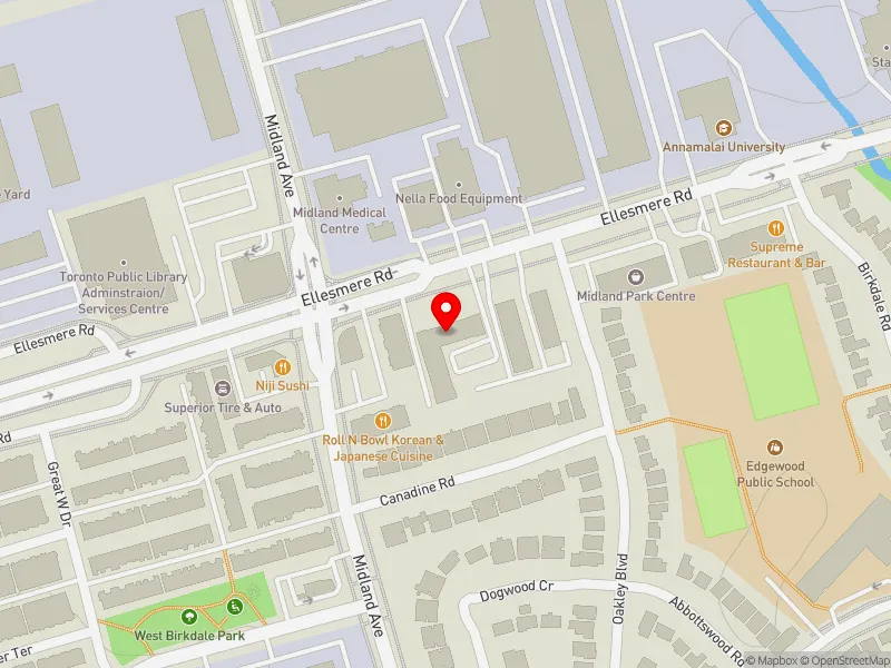 RentSafeTO apartment evaluation map view of 1175 ELLESMERE RD in Scarborough Centre, Toronto