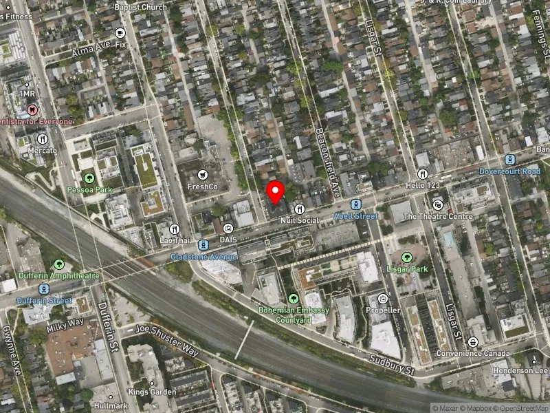 RentSafeTO apartment evaluation satellite view of 1182 QUEEN ST W in Davenport, Toronto