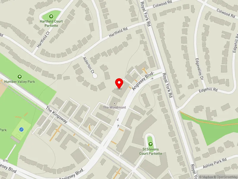 RentSafeTO apartment evaluation map view of 12 ANGLESEY BLVD in Etobicoke Centre, Toronto