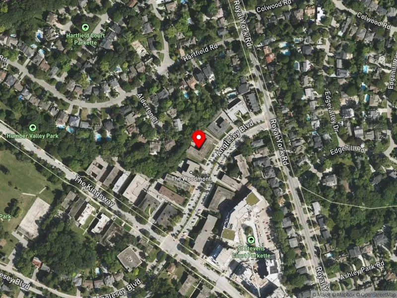 RentSafeTO apartment evaluation satellite view of 12 ANGLESEY BLVD in Etobicoke Centre, Toronto