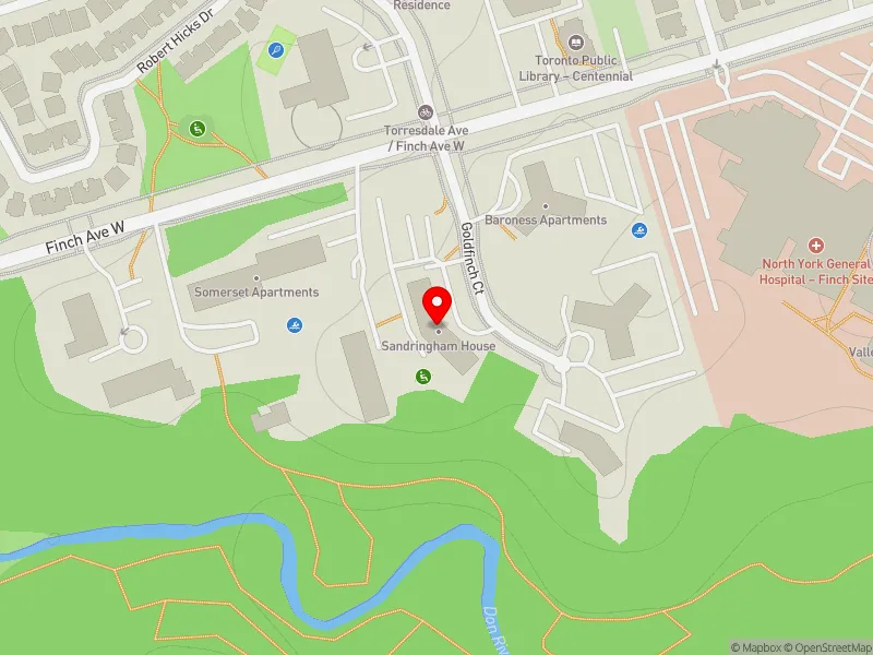 RentSafeTO apartment evaluation map view of 12 GOLDFINCH CRT in York Centre, Toronto