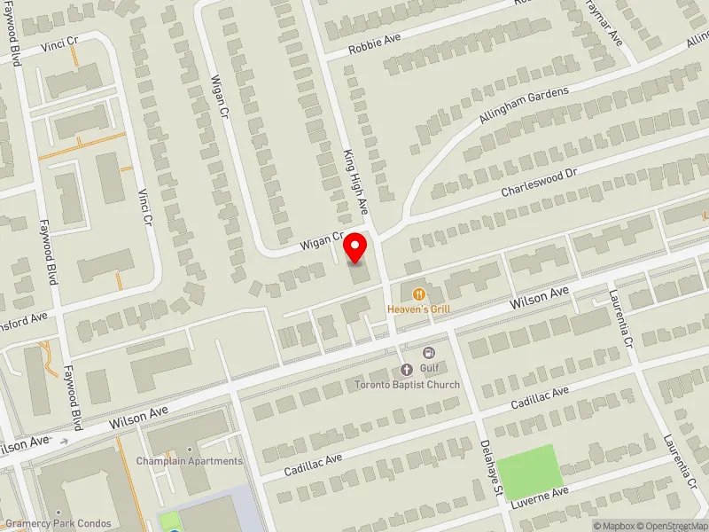 RentSafeTO apartment evaluation map view of 12 KING HIGH AVE in York Centre, Toronto