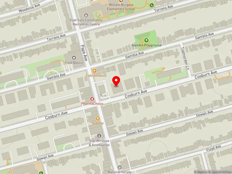 RentSafeTO apartment evaluation map view of 120 COSBURN AVE in Toronto-Danforth, Toronto