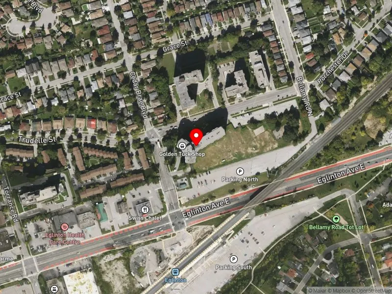 RentSafeTO apartment evaluation satellite view of 123 BELLAMY RD N in Scarborough Centre, Toronto