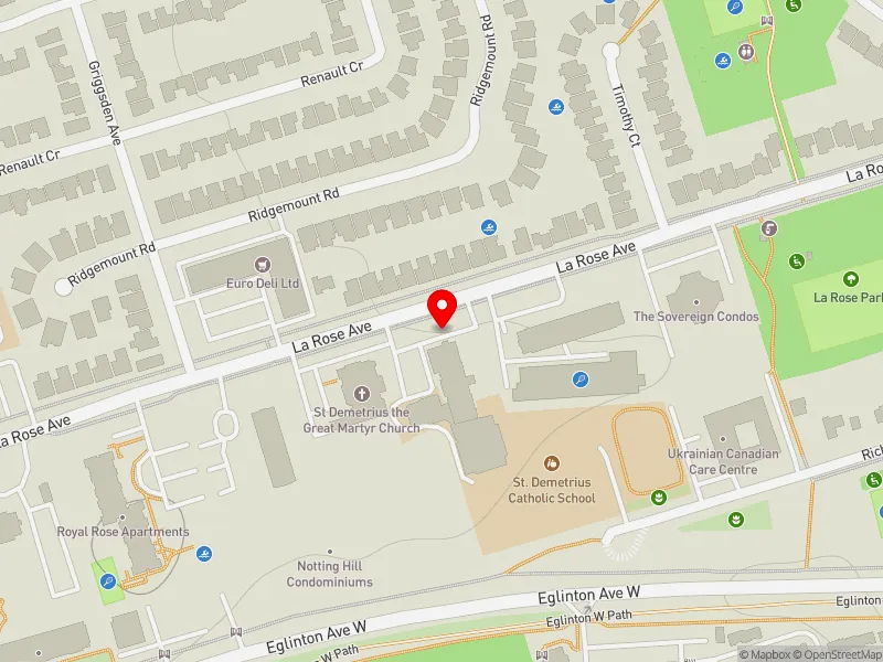 RentSafeTO apartment evaluation map view of 123 LA ROSE AVE in Etobicoke Centre, Toronto
