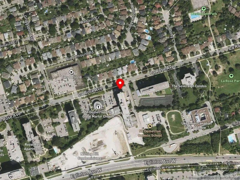 RentSafeTO apartment evaluation satellite view of 123 LA ROSE AVE in Etobicoke Centre, Toronto