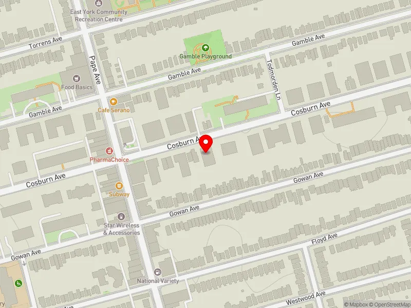 RentSafeTO apartment evaluation map view of 125 COSBURN AVE in Toronto-Danforth, Toronto