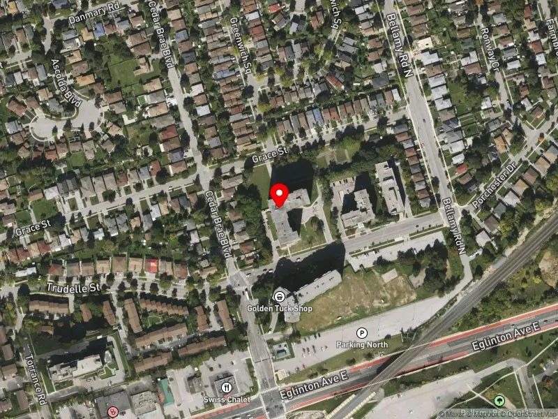 RentSafeTO apartment evaluation satellite view of 126 BELLAMY RD N in Scarborough Centre, Toronto