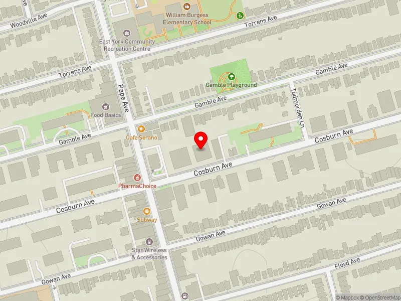 RentSafeTO apartment evaluation map view of 130 COSBURN AVE in Toronto-Danforth, Toronto