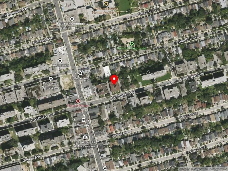 RentSafeTO apartment evaluation satellite view of 130 COSBURN AVE in Toronto-Danforth, Toronto