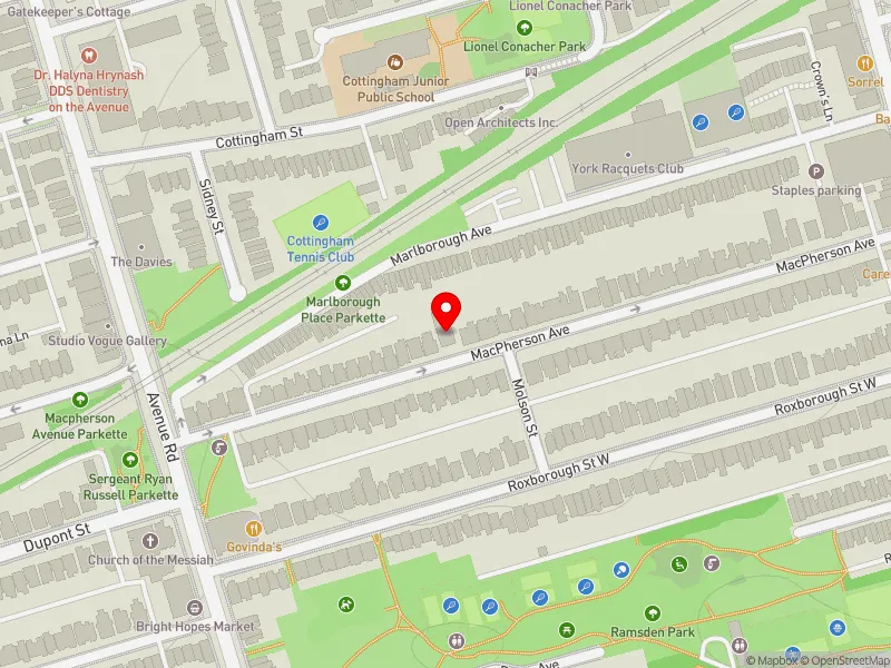 RentSafeTO apartment evaluation map view of 130 MACPHERSON AVE in University-Rosedale, Toronto