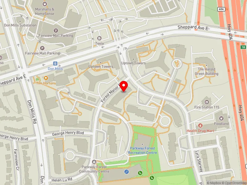 RentSafeTO apartment evaluation map view of 130 PARKWAY FOREST DR in Don Valley North, Toronto