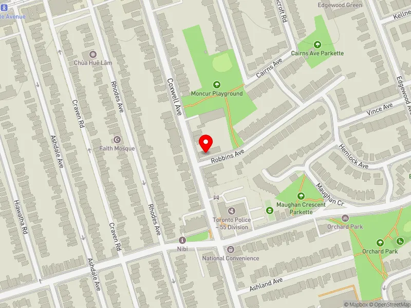 RentSafeTO apartment evaluation map view of 131 COXWELL AVE in Beaches-East York, Toronto