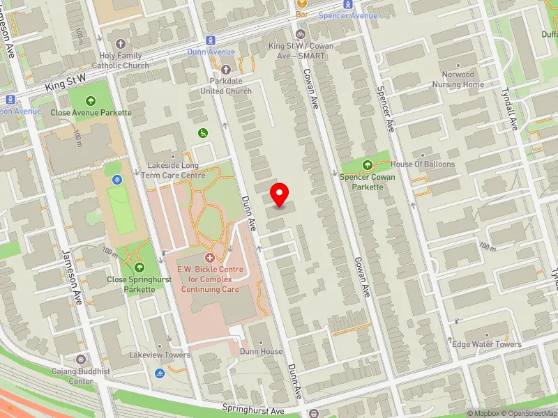 RentSafeTO apartment evaluation map view of 131 DUNN AVE in Parkdale-High Park, Toronto