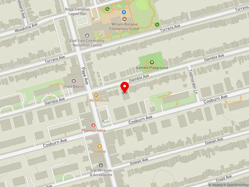 RentSafeTO apartment evaluation map view of 133 GAMBLE AVE in Toronto-Danforth, Toronto
