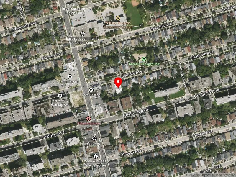 RentSafeTO apartment evaluation satellite view of 133 GAMBLE AVE in Toronto-Danforth, Toronto