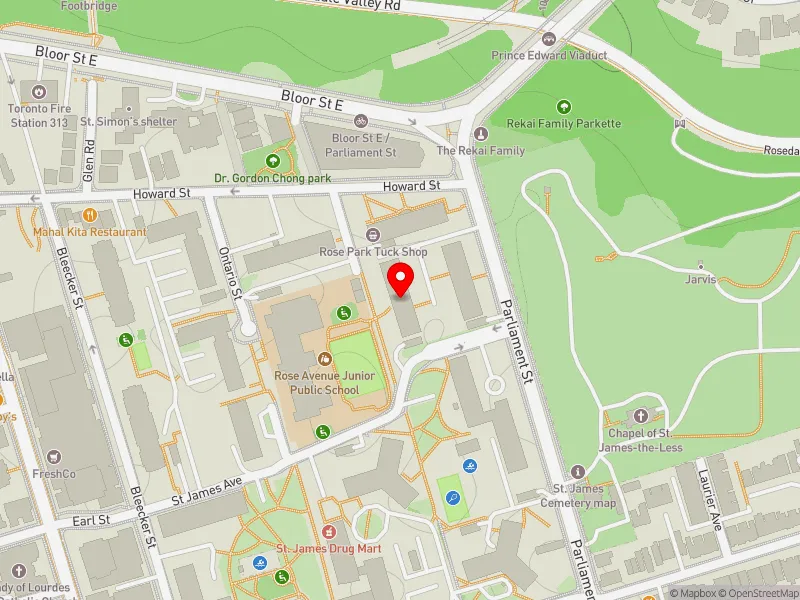 RentSafeTO apartment evaluation map view of 135 ROSE AVE in Toronto Centre, Toronto