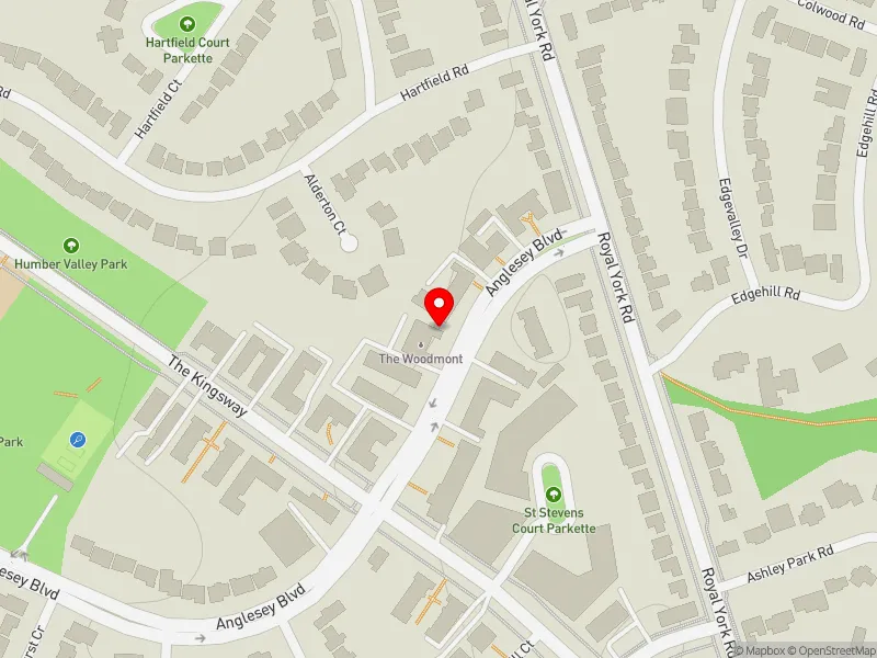 RentSafeTO apartment evaluation map view of 14-16 ANGLESEY BLVD in Etobicoke Centre, Toronto