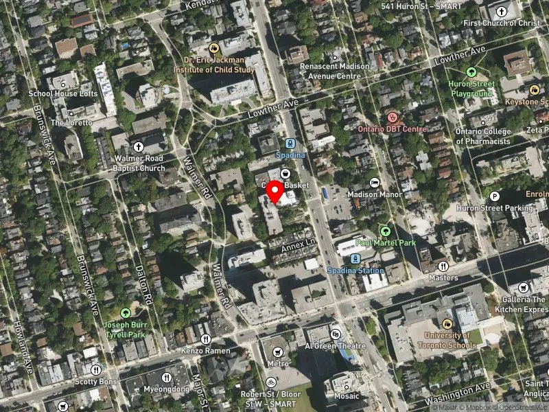 RentSafeTO apartment evaluation satellite view of 14 SPADINA RD in University-Rosedale, Toronto