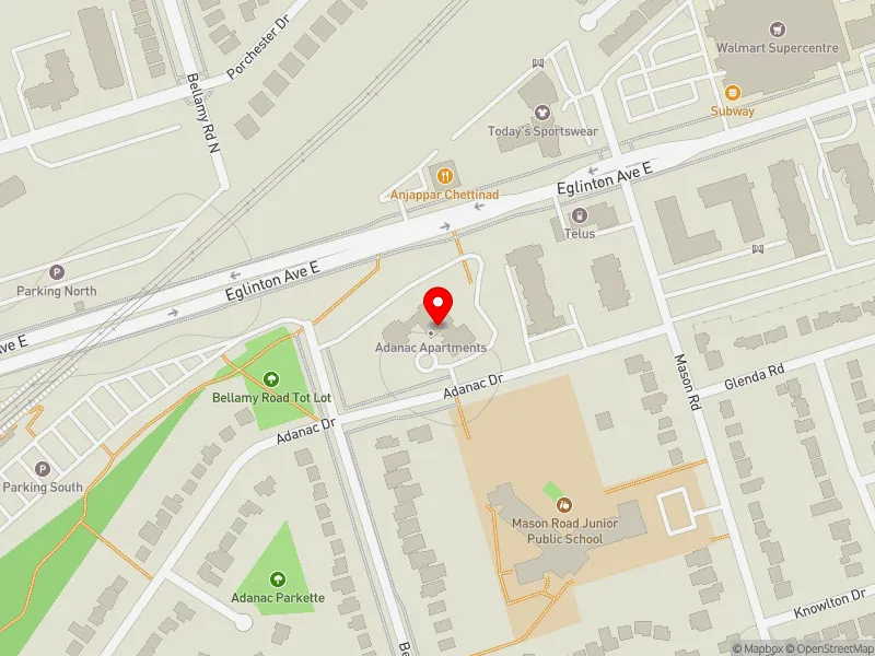 RentSafeTO apartment evaluation map view of 140 ADANAC DR in Scarborough Southwest, Toronto