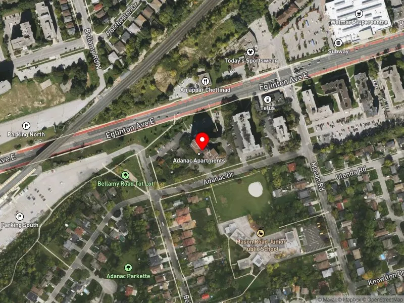 RentSafeTO apartment evaluation satellite view of 140 ADANAC DR in Scarborough Southwest, Toronto