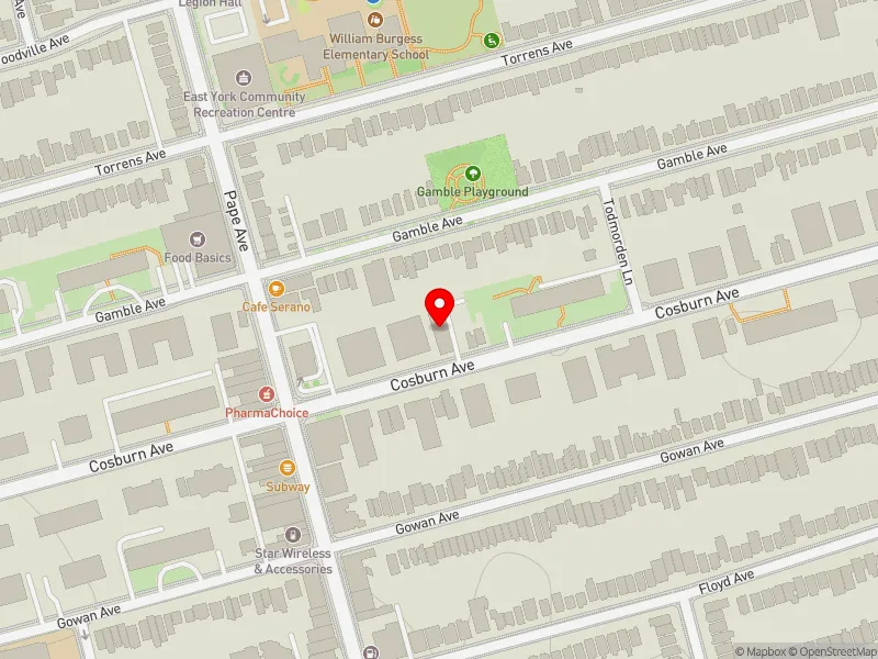 RentSafeTO apartment evaluation map view of 140 COSBURN AVE in Toronto-Danforth, Toronto