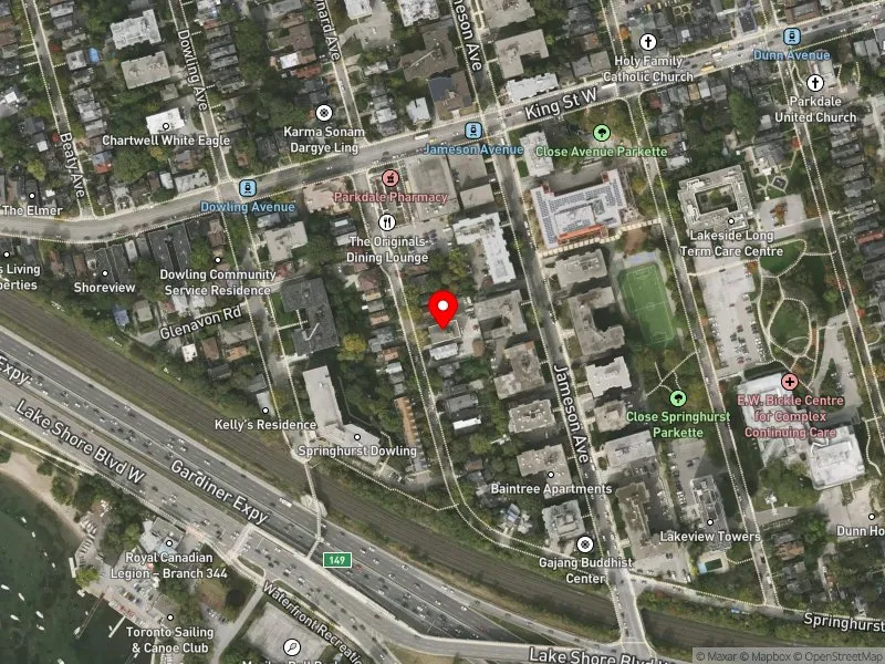 RentSafeTO apartment evaluation satellite view of 140 SPRINGHURST AVE in Parkdale-High Park, Toronto