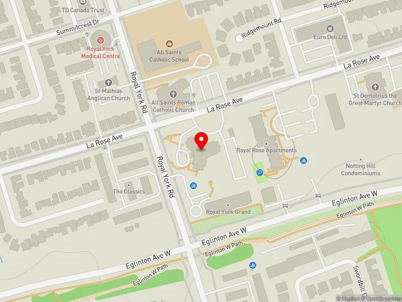 RentSafeTO apartment evaluation map view of 1407 ROYAL YORK RD in Etobicoke Centre, Toronto