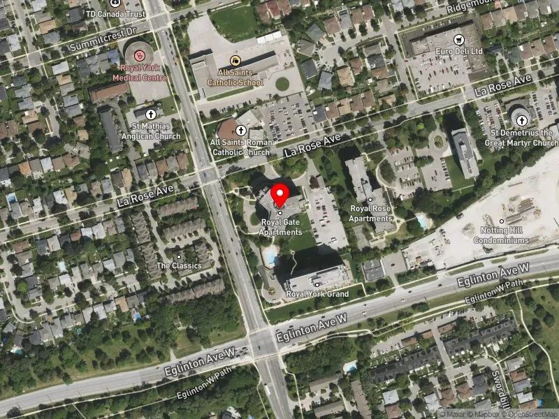 RentSafeTO apartment evaluation satellite view of 1407 ROYAL YORK RD in Etobicoke Centre, Toronto
