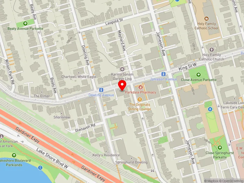 RentSafeTO apartment evaluation map view of 1447 KING ST W in Parkdale-High Park, Toronto