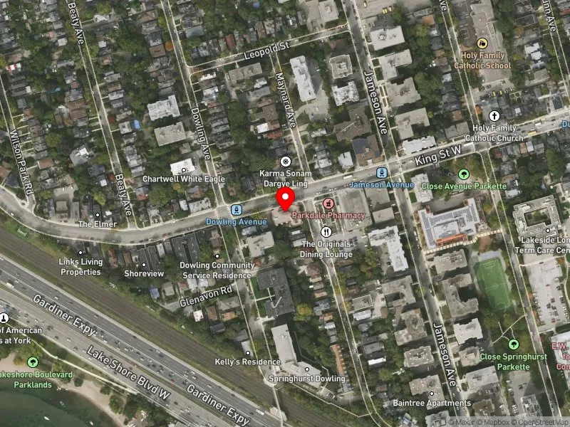 RentSafeTO apartment evaluation satellite view of 1447 KING ST W in Parkdale-High Park, Toronto