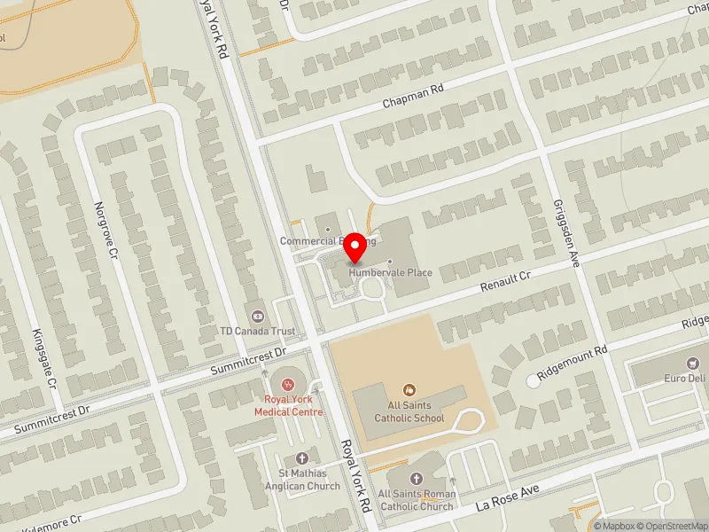 RentSafeTO apartment evaluation map view of 1447 ROYAL YORK RD in Etobicoke Centre, Toronto