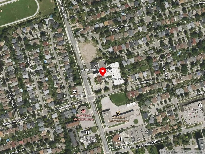 RentSafeTO apartment evaluation satellite view of 1447 ROYAL YORK RD in Etobicoke Centre, Toronto