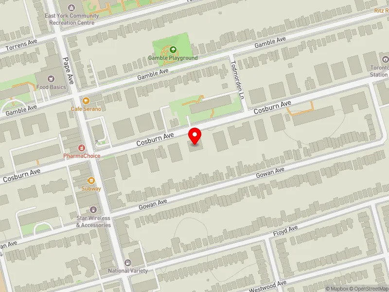 RentSafeTO apartment evaluation map view of 145 COSBURN AVE in Toronto-Danforth, Toronto
