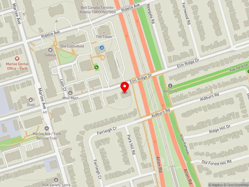 RentSafeTO apartment evaluation map view of 145 ELM RIDGE DR in Eglinton-Lawrence, Toronto