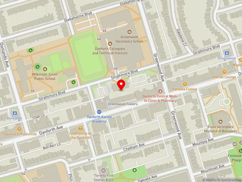 RentSafeTO apartment evaluation map view of 145 STRATHMORE BLVD in Toronto-Danforth, Toronto