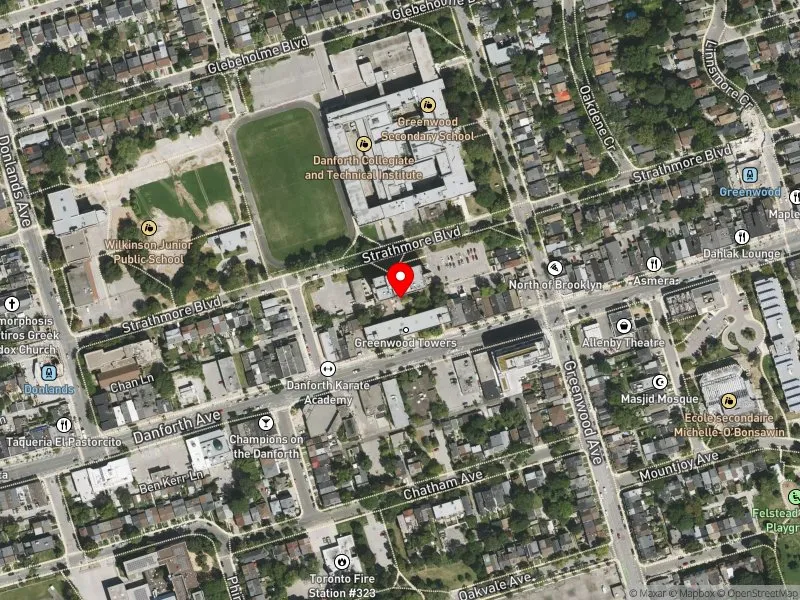 RentSafeTO apartment evaluation satellite view of 145 STRATHMORE BLVD in Toronto-Danforth, Toronto