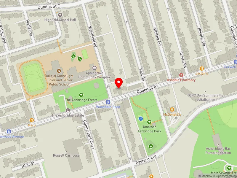 RentSafeTO apartment evaluation map view of 1480 QUEEN ST E in Toronto-Danforth, Toronto