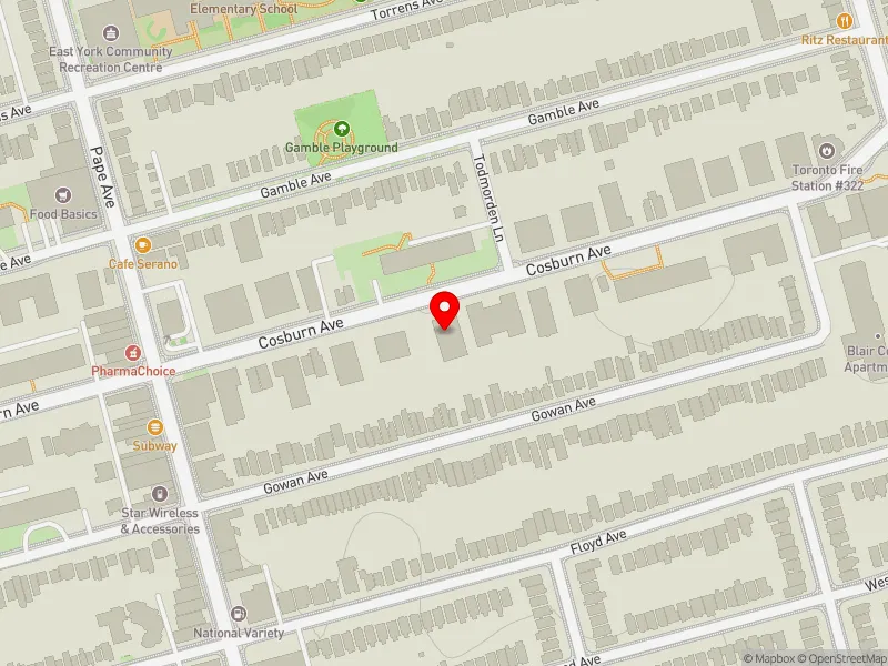 RentSafeTO apartment evaluation map view of 149 COSBURN AVE in Toronto-Danforth, Toronto