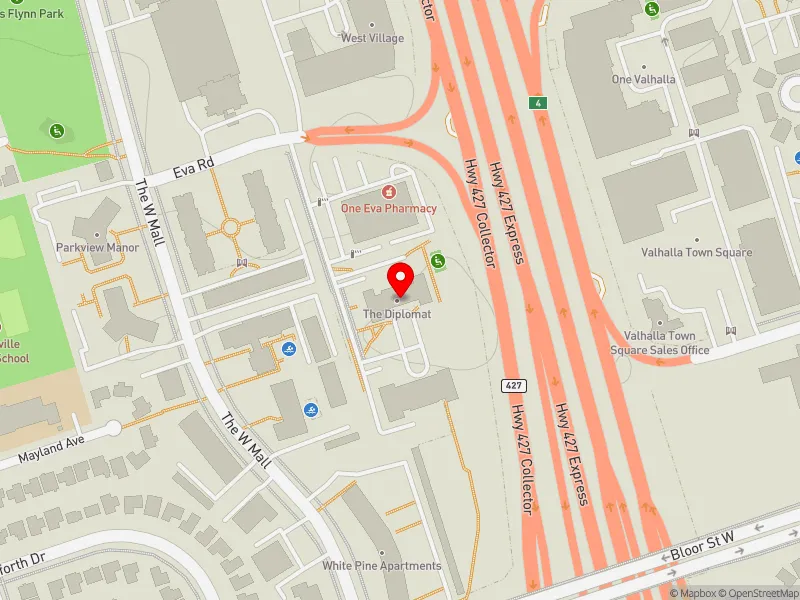 RentSafeTO apartment evaluation map view of 15 EVA RD in Etobicoke Centre, Toronto