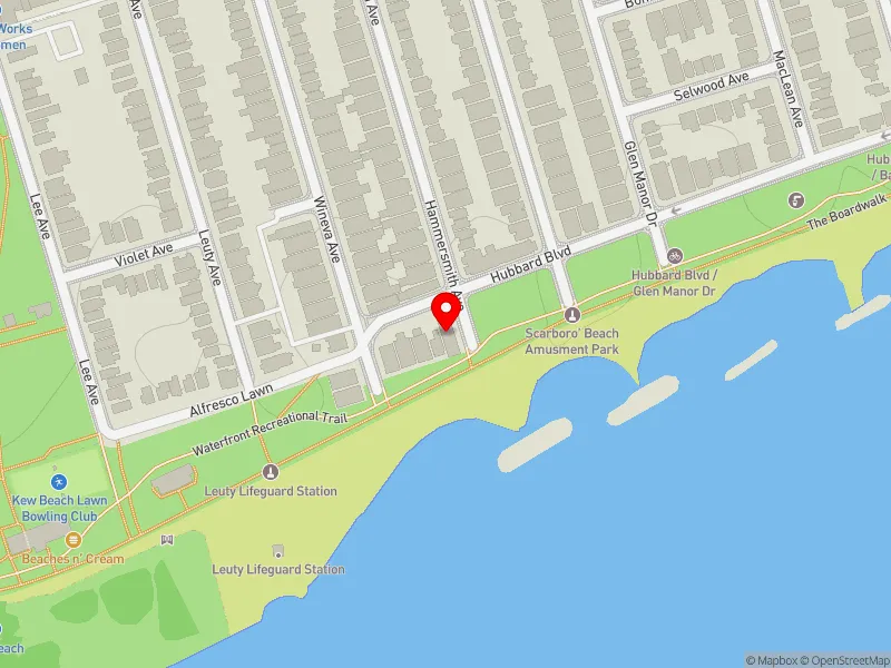 RentSafeTO apartment evaluation map view of 15 HUBBARD BLVD in Beaches-East York, Toronto