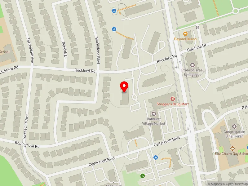 RentSafeTO apartment evaluation map view of 15 ROCKFORD RD in York Centre, Toronto